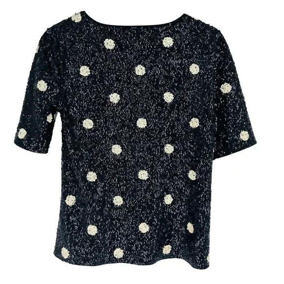 J. Crew Black Ivory Polka Dot Womens Scoop Neck Sequin Top Festive Party Size S - Picture 4 of 9